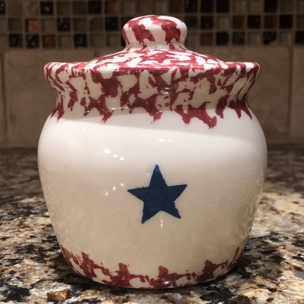 Gerald E Henn - Roseville Spongeware "Old Glory" American Blue Star Sugar Bowl